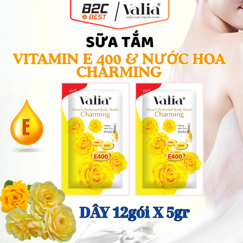 SỮA TẮM VITAMIN E 400, NƯỚC HOA CHARMING PHÁP VALIA (DÂY 5G /12 GÓI)