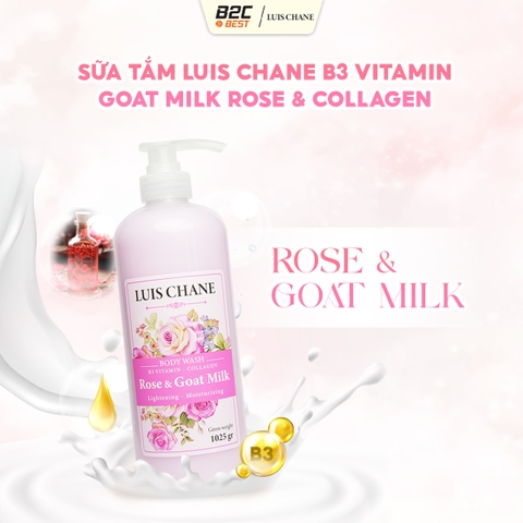SỮA TẮM LUIS CHANE B3 VITAMIN GOAT MILK ROSE & COLLAGEN LIGHTTENING MOISTURIZING
