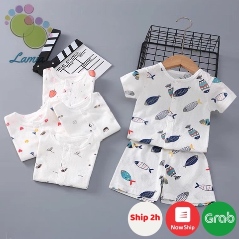 Bộ Cộc Tay Hè Cúc Giữa Cho Bé Trai Bé Gái Vải Cotton Thông Hơi Thấm Hút Mồ Hôi