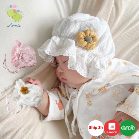 Nón tiểu thư mùa hè đính hoa mai, mũ tai bèo rộng vành che nắng cho bé 𝐌𝟖