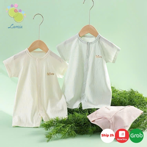 Bộ áo liền thân cộc tay cúc giữa, body đùi cotton mỏng mát cho bé sơ sinh mặc mùa hè 𝟔𝟐𝐁𝐃𝐃𝐔