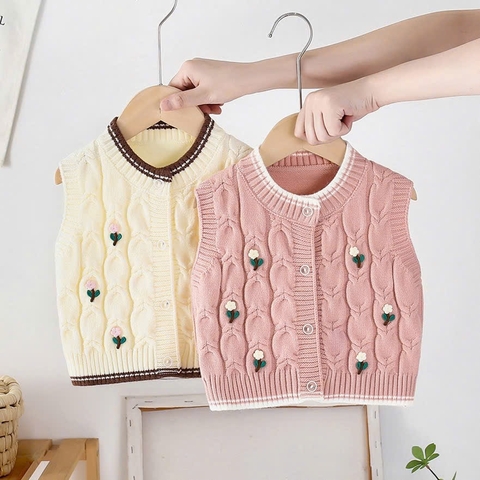 Áo len gile bé gái họa mềm mịn họa tiết đáng yêu hàng Quảng châu cao cấp