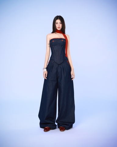 Áo corset denim cúp ngực phối ren đỏ - Blue Shark Corset