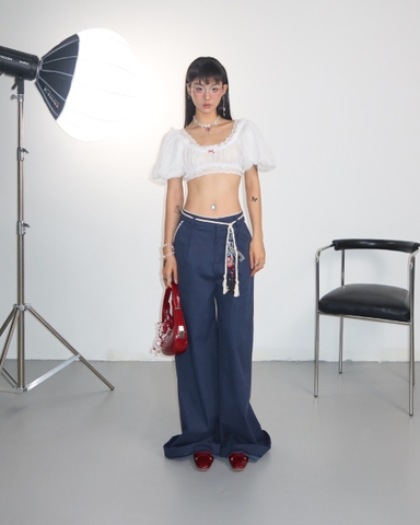 Quần dài ống rộng xanh navy phối ren - Humid Pants