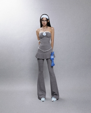 Áo quây ngang thun gân xám phối ren - Rabbit Top