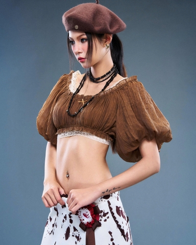Áo croptop tay phồng nâu phối ren - Brown Wetsy Top