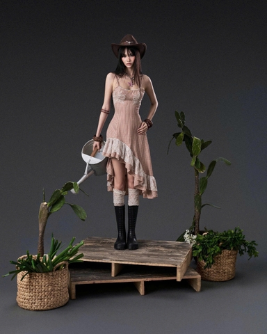 Đầm hai dây caro nâu lửng vạt xéo phối ren trắng - Haze Dress