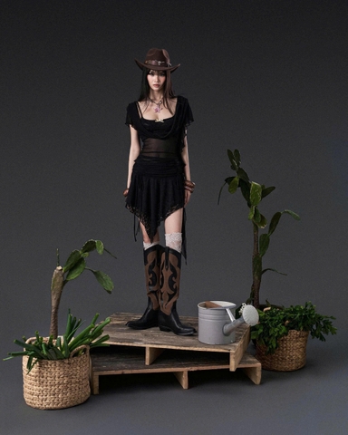 Đầm lửng vạt xém thun lưới đen cổ đổ - Davi Dress