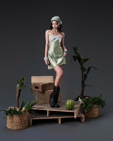 Đầm lụa ngắn không tay xanh bơ phối ren trắng - Cacti Dress