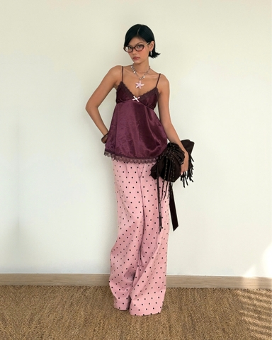 Áo hai dây lụa đỏ cherry phối ren dáng babydoll