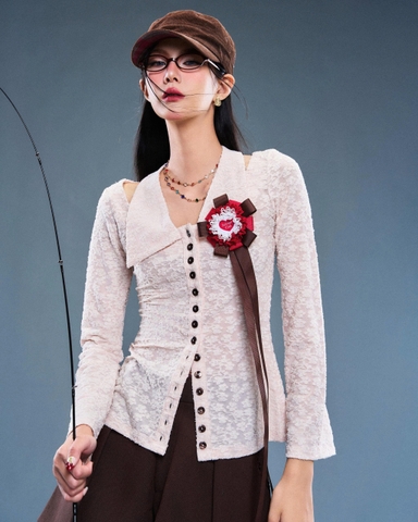 Áo thun ren hoa tay dài cổ sơ mi - Witness Top