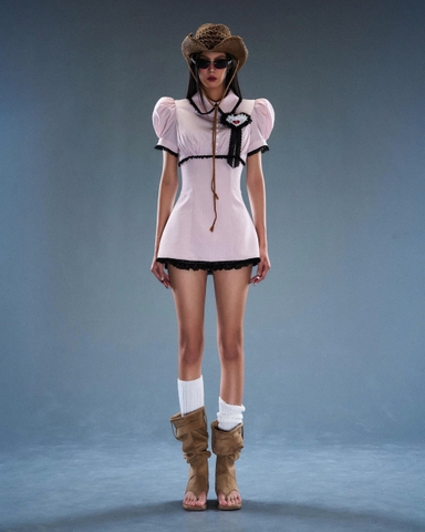 Đầm ngắn hồng tay búp cổ polo phối ren - Mara Dress