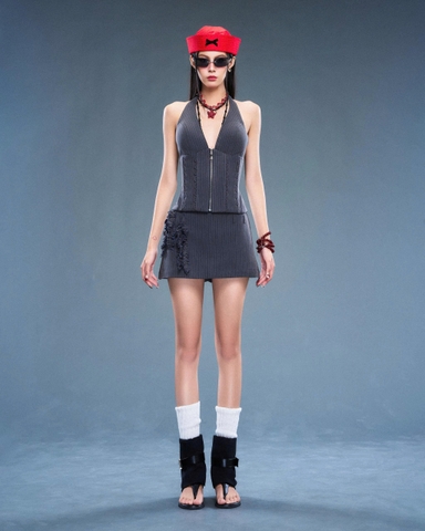 Áo corset cổ yếm sọc xám - Grey Bear Corset