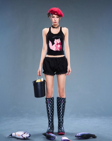 Áo thunh ba lỗ đen họa tiết mèo hồng đính nơ - Noir Top