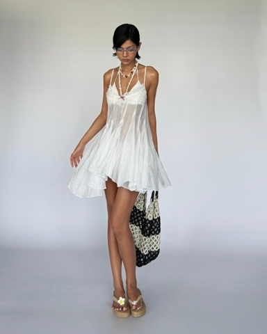 Đầm hai dây ngắn trắng voan tơ bất đối xứng - White Vivid Dress