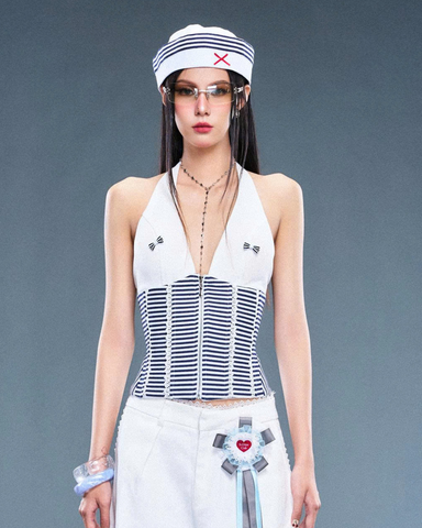 Áo corset cổ yếm sọc ngang xanh đen - Sailor Corset