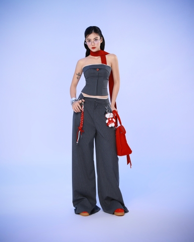 Áo corset cúp ngực sọc xám phối ren - Dempsey Corset