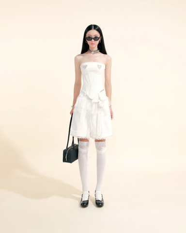 Quần jeans trắng lửng phối ren lưới - Yumi Shorts