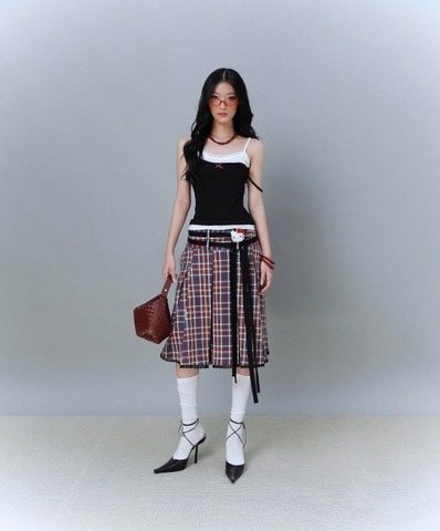 Áo thun dây hai lớp trắng đen - Kitty Top