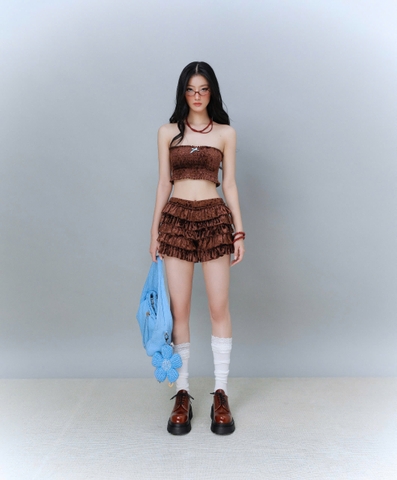 Áo quây cúp ngực nâu thun nhún đính nơ - Landry Croptop