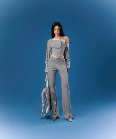 Quần thun dài xám ống suông phối ren - Swanpy Pants