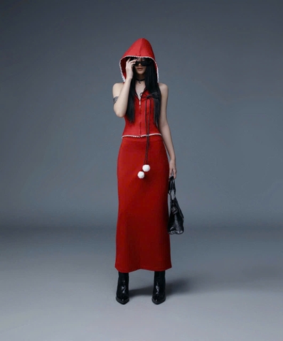 Áo thun không tay cổ khóa kéo có nón - Red TidiB Top