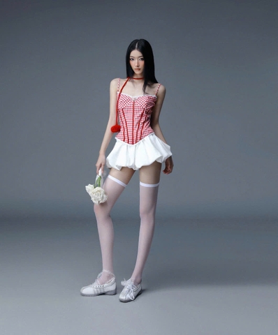 Áo corset hai dây cúp ngực sọc caro đỏ - Bell Corset