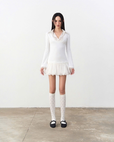 Đầm thun tay dài cổ sơ mi trắng - Pazazi Dress in White