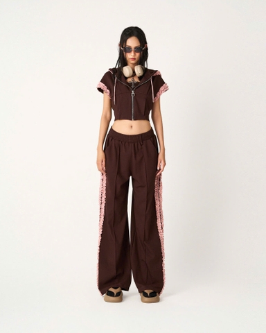 Áo khoác tay ngắn có nón dây kéo khóa nâu - Sweetchoco Coat