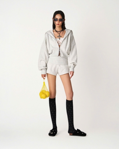 Áo khoác lửng nỉ có nón tay dài dây khóa kéo - White SDC Boxy Hoodie