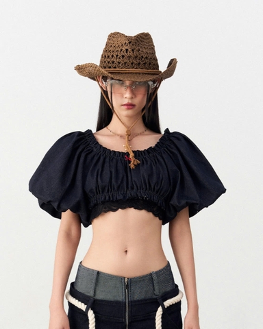 Áo denim ngắn tay phồng phối ren - Wetsy Denim Top
