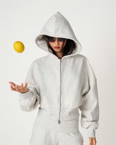 Áo khoác lửng nỉ có nón tay dài dây khóa kéo - White SDC Boxy Hoodie