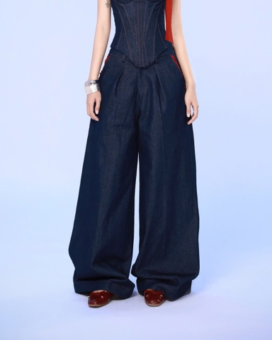 Quần jeans ống rộng phối ren đỏ - Blue Shark Pants