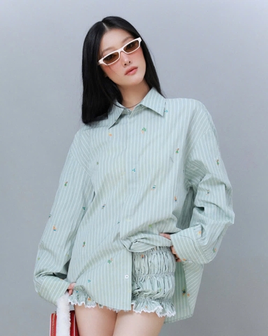 Áo sơ mi sọc xanh tay dài - Keroppi Shirt
