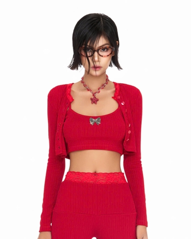 Set áo khoác tay dài và áo hai dây croptop đỏ - Red Melor Top