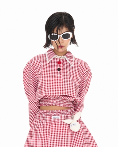 Áo tay dài cổ polo caro đỏ - Miss Ivory Top