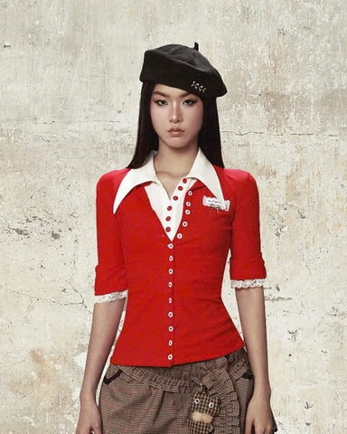 Áo thun tay dài đỏ có nút - Vietdope Top