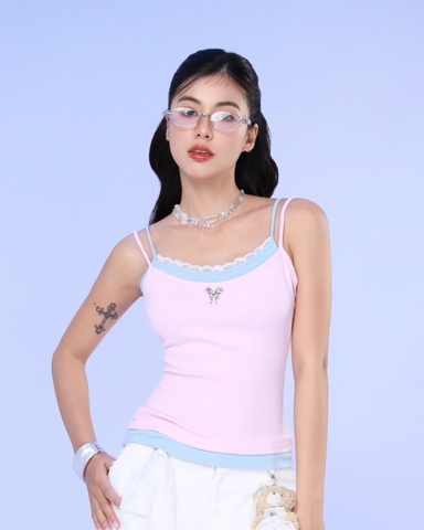 Áo thun hồng hai dây hai lớp đính charm- Candy Top