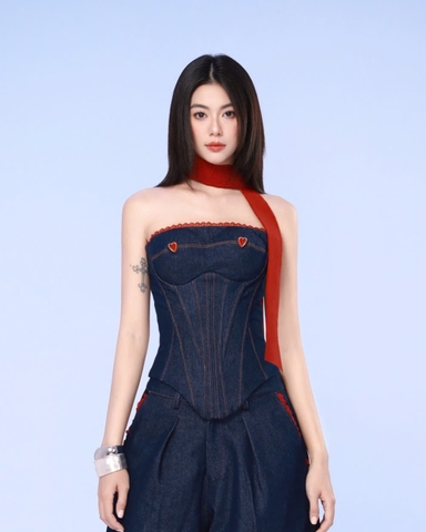 Áo corset denim cúp ngực phối ren đỏ - Blue Shark Top