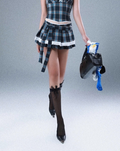 Váy ngắn xếp ly sọc caro xanh phối ren - Polar Bear Skirt