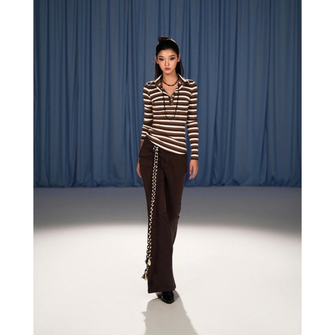 Áo thun sọc nâu tay dài cổ polo - Cocoa Stripe Top
