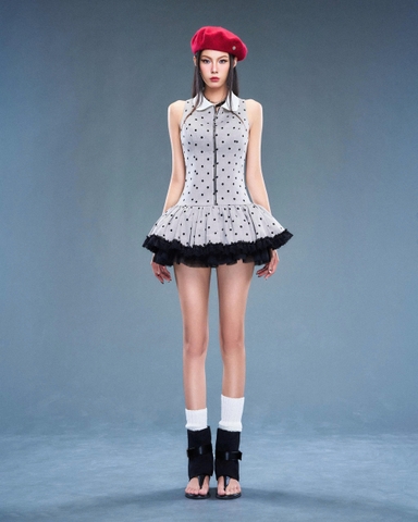 Đầm ngắn không tay xám chấm bi phối ren cổ polo - Clue Dress