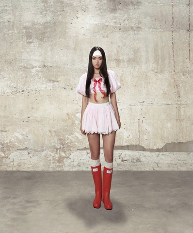 Áo croptop hồng phấn tay phồng đính nơ đỏ phối ren - Anna Belle Top