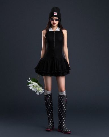 Đầm thun lưới ngắn đen tùng phồng không tay - Mystic Lily Dress