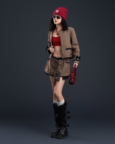 Áo khoác sọc nâu phối nơ cổ sơ mi - Wild Coat