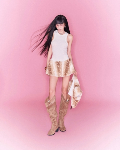 Đầm ngắn liền váy giả lông nâu chấm bi trắng - Bambi Dress