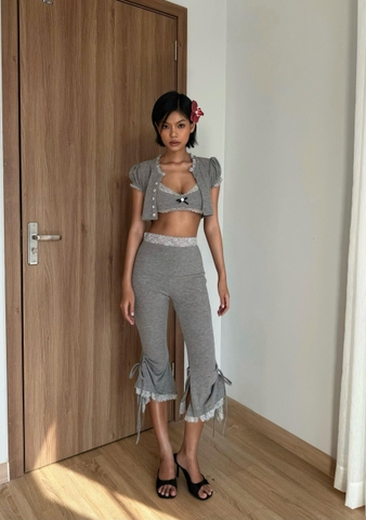 Set áo croptop tay búp và áo bra hai dây xám - Flare Top