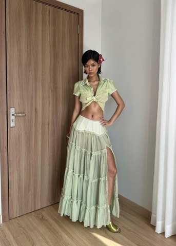 Chân váy dài xòe xẻ đùi phối ren xanh bơ - Green Wetsy Long Skirt