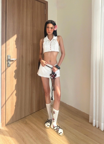 Chân váy ngắn trắng ren cạp trễ - Lilac Skirt