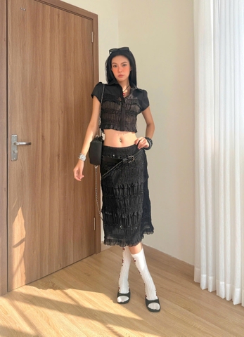 Áo sơ mi lửng voan ánh kim tay ngắn đen - Black Kuromi Top